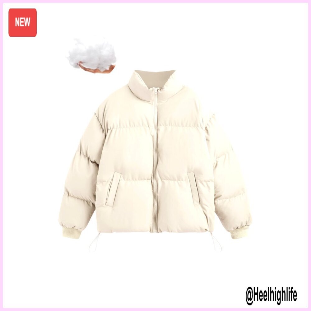 Cropped Quilted Puffer Jacket Oversized Zip Up Warm Winter Coat Casual Outerwear